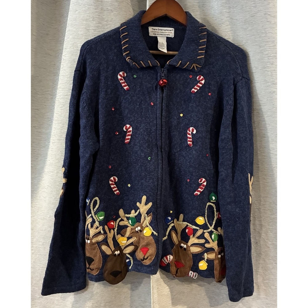 Tiara International Christmas Collection 2004‎ Reindeer Sweater Size L Y2K
